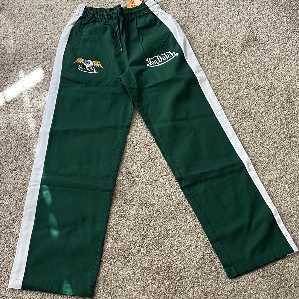Von Dutch Dark Green Track Pants with White Side Stripes